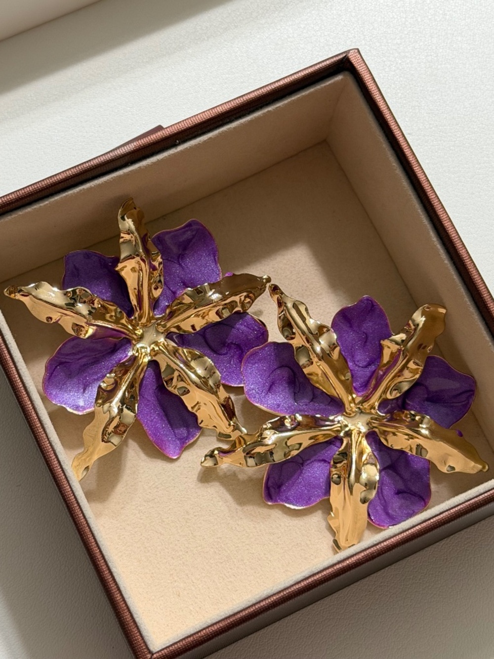 Golden Purple Flower Enamel Statement Earrings
